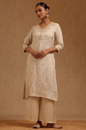 Soch Womens Off White Tissue Zari Woven Suit Set With Sequins