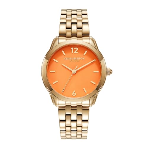 Olivia Burton Starlight Colour Qtz Basic Orange Round Dial Women's Watch|Ionic Plated Thin Gold Steel Material|Gold Color Band - 24000158