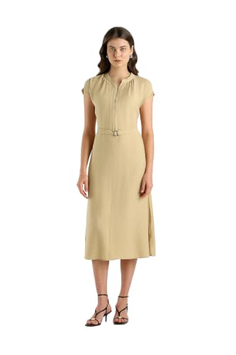 Women Beige Solid Knee Length Casual Dress