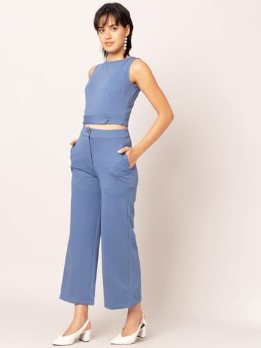 Faballey Blue Sleeveless Crop Top and Straight Fit Trousers Co-ord Set