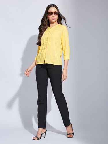 Latin Quarters Women Yellow Mandarin 3/4th Sleeves Solid Shirt Blouse for Casual Wear_S