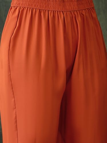 VARNI FABRIC Rayon Kurta Set for Women | Full Sleeves Embroidered Straight Kurta Set | Woman Salwar Suit with Pant & Dupatta | Festive Wedding Ethnic Wear | Prefect for Office Summer | Orange | M
