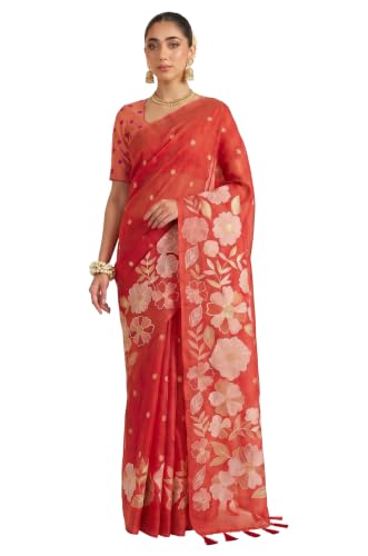 Label Aarna Women's Red Cotton Saree with Unstitched Blouse Piece | Woven | Floral Design | Cultural Wear
