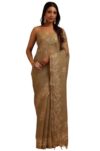 Soch Womens Light Olive Linen Floral Printed Zari Embroidered Saree