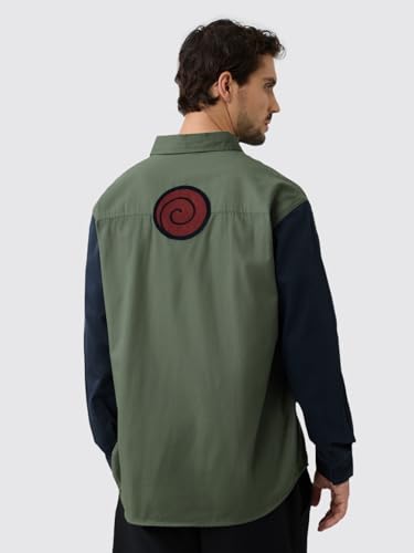 The Souled Store Naruto Shippuden: Kakashi Uniform Men and Boys Long Sleeves Collared Neck Button Front Green Embellished Regular Fit Cotton Utility Shirts