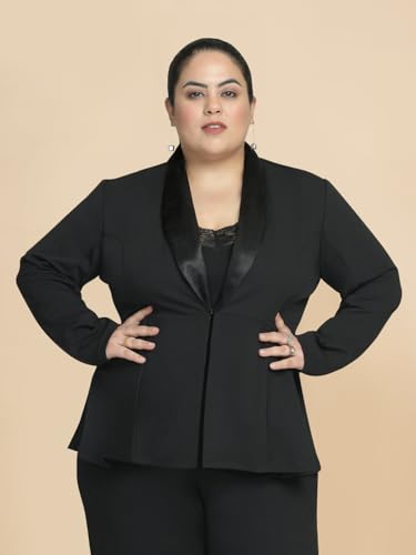 wild U Women Plus Size Blazer | Stretchable | Easy Wash | Satin Lapel | Formal Office Wear | Western (Black - 4XL)