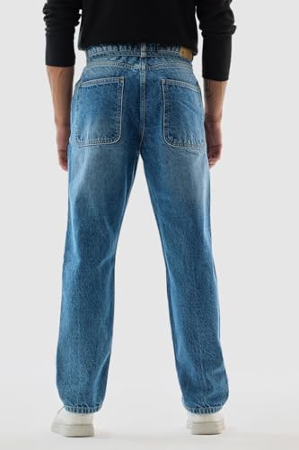 SNITCH Men's Clean Look Jeans | Casual Wear| College Street Wear Streetwear Style | Baggy Fit Button Blue
