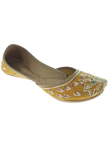 Fulkari Women's Mayur Velvet Skin Gold Toned Soft Leather Embroidered Jutis | Bite and Pinch Free Jutti | Punjabi Formal Juttis | Girl's Wedding Flat Ladies Mojari | Formal Ethnic Juti | 41