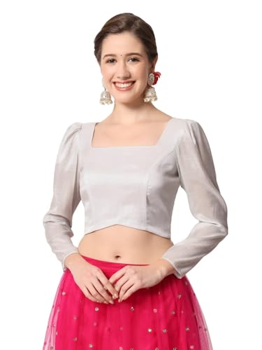 studio rasa Women's Plus Size Cotton Tissue Sheer Sleeves Readymade Saree Blouse for Festive Wedding Party (TPWC12309-2XL_BL_Silver_2X-Large)