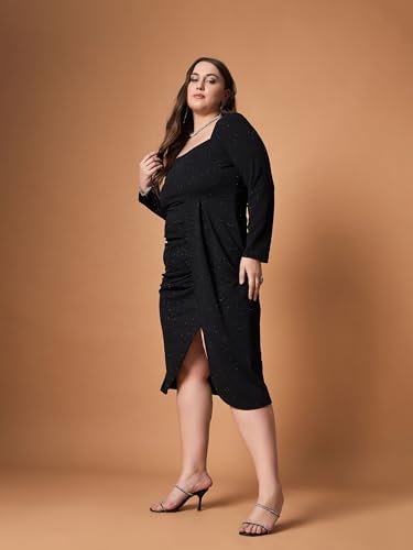 SASSAFRAS Curve Women's Glitter Karera Length Front Slit Midi Dress (SFDRSS12472_Black_3XL)