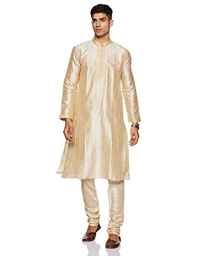 Manyavar Men's Full Sleeve Blended Solid Kurta & Churidar Set, Cream - Small (S952156-311)