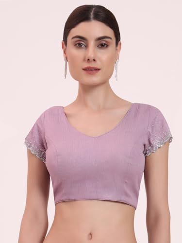FIORRA Women's Lavender Organza Crushed Siroski Work Embellished Border Saree With Unstitched Blouse