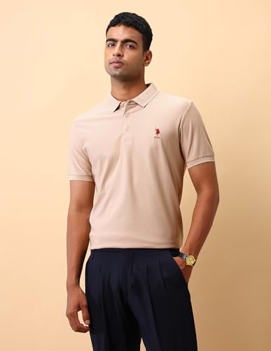 U.S.Polo Association Men's Textured Pure Cotton Polo Shirt Beige