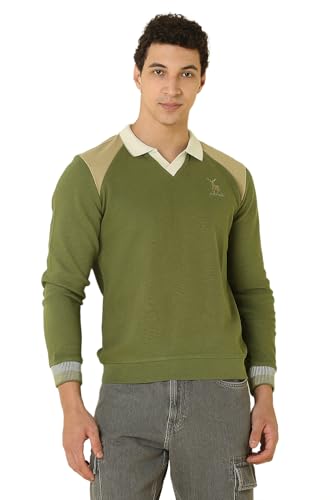 Men Olive Polo Neck Full Sleeves Casual Sweatshirt