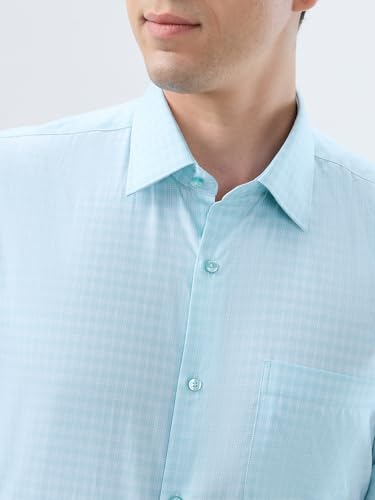 Raymond Men Contemporary Fit Checks Pattern Pure Cotton Semi Cutaway Collar Full Sleeve Formal Shirt Blue