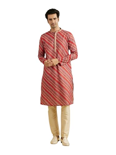 Manyavar Men's Cotton Blend Diagonal Print Kurta Pyjama Set (Orange,M)