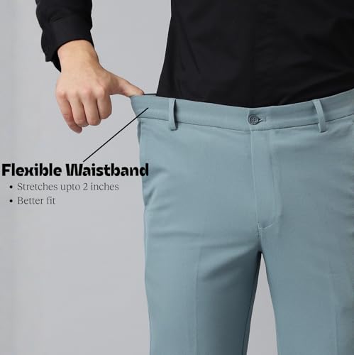 SUBTRACT Men 4 Way Stretch Wrinkle Free Slim Fit Formal Trouser in PowderBlue with 2 Inch Flexible Waistband | Men's Trousers for Office Or Party (PowderBlue,38)