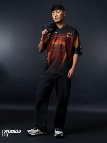 The Souled Store Cars: Lightning McQueen Men and Boys Short Sleeves V-Neck Dark Red Graphic Printed Racing Jersey Casual Lightweight Drop Shoulder Streetwear Trendy Easy Dry Oversized T-Shirt