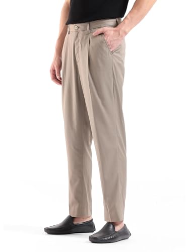 RARE RABBIT Men's Windsor Dark Beige Cotton Plain Relaxed Fit Trouser