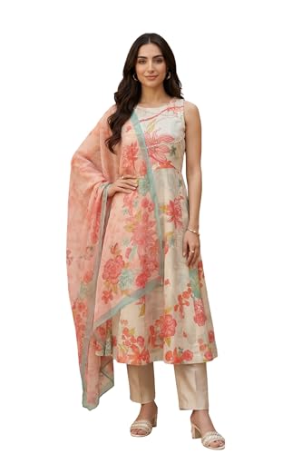 W for Woman Cream Floral Printed Tissue Crepe Sleeveless Anarkali Kurta with Straight Pants and Dupatta Set - (WS13666-126971-M)