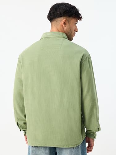 The Souled Store Corduroy Shirt: Jade Men and Boys Long Sleeve Spread Collar Green Solid Casual Easy to Style Everyday Officewear Casual Relaxed Fit Cotton Shirt