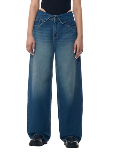 The Souled Store Baggy-Fit Denim: Blue Storm Women and Girls Zippered Fold-Over Cutout Waistband Medium Blue Washed Cotton Denim Lightweight Everyday All-Season Denim Jeans