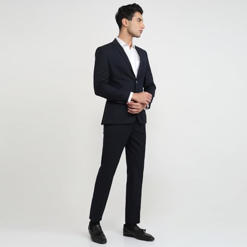 Park Avenue Men Regular Fit Solid Pattern Terelyne Rayon Wool Blend Narrow Lapel Full Sleeve Formal Suit Dark Blue