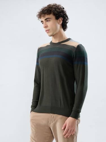 Raymond Men Regular Fit Stripe Pattern Merino Wool Acrylic Blend Full Sleeve Round Neck Casual Sweater Green