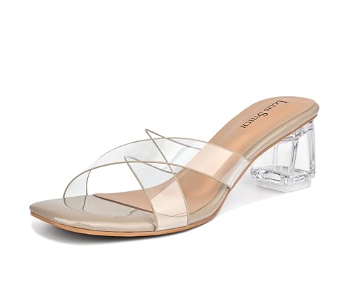 LOUIS STITCH Women’s Fashion Beige Slip-On Block Heel Sandals | Transparent Cross Strap Stylish Heel Sandal for Ladies, Fashionable Sandal | LSOF-LDBH-SLCSBG | (UK-4)