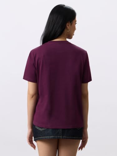 The Souled Store Casual Classics: Log Kya Kahenge Women and Girls Short Sleeves Round Neck Plum Embroidered Cotton Relaxed Fit Breathable Comfortable Everyday Casual T-Shirts