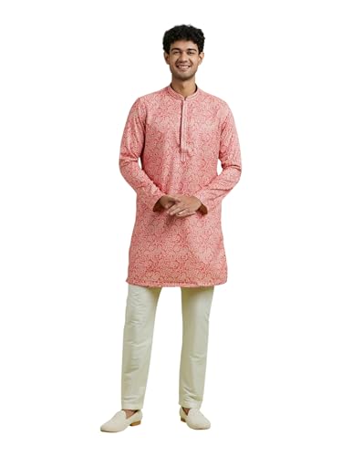 DIWAS BY MANYAVAR Men's Art Silk Printed Festive Kurta Set (2pc) (Pink, M)