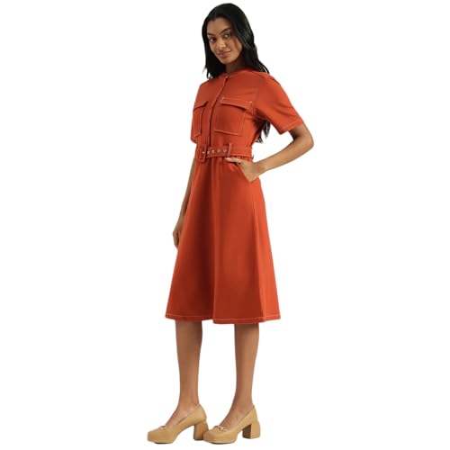 United Colors of Benetton Women's Nylon Blend Regular Knee-Length Dresses (25A4WVNDR206I901_Orange