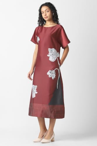 Women Maroon Print Calf-Length Party Dress