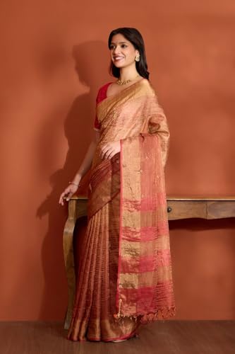 Taneira Women Dark Orange Pure Silk Tissue Embroidered Saree with Unstitched Blouse Piece (SHH08H00120-Dark Orange)