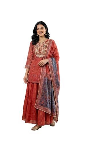 W for Woman Red Zari Embroidered Paisley Printed Chanderi Straight Kurta with Sharara and Dupatta Set - (WS14006-127292-L)