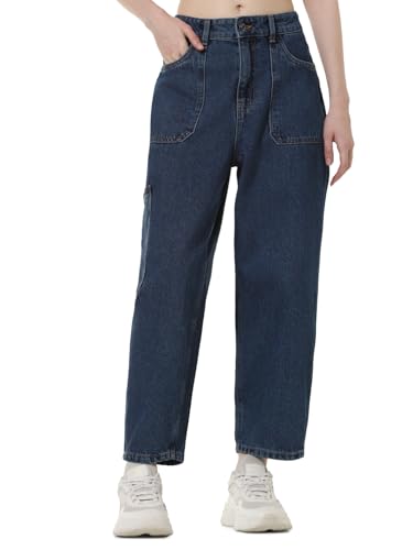 ONLY Women Washed Cotton Loose Fit High Rise Blue Jeans