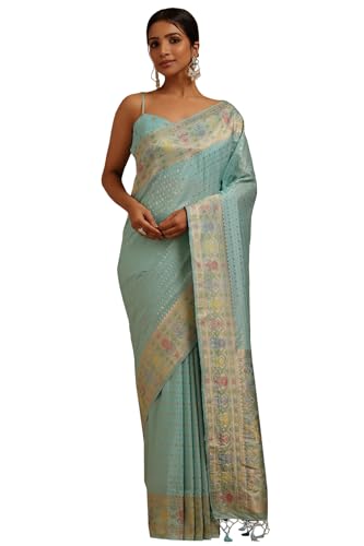 Soch Womens Turquoise Blue Silk Blend Zari Woven Saree With Zari Woven