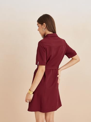 Latin Quarters Women's Maroon Collar Neck Half Sleeves Solid Casual Shirt Dress_XXL