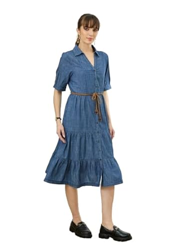 Latin Quarters Women's Blue Solid Half Sleeves Collar Neck Casual Fit & Flared Dress_S