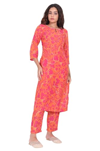 W for Woman Orange Floral Printed Sequined Straight Modal Kurta and Straight Pant Set - (WS13690B-126963-XS)
