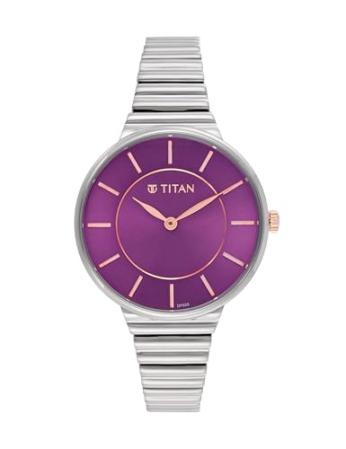 Titan Aura Quartz Analog Purple Dial Stainless Steel Strap Watch for Women-95245KM01