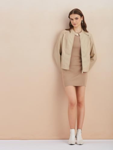 Latin Quarters Women's Beige Solid Full Sleeves Mandarin Neck Casual Biker Jacket_L
