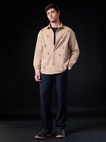 The Souled Store: Mushroom Patch Men and Boys Long Sleeve Spread Collar Beige Embroidered Relaxed Fit Casual Easy to Style Everyday Office Wear Cotton Linen Shirt