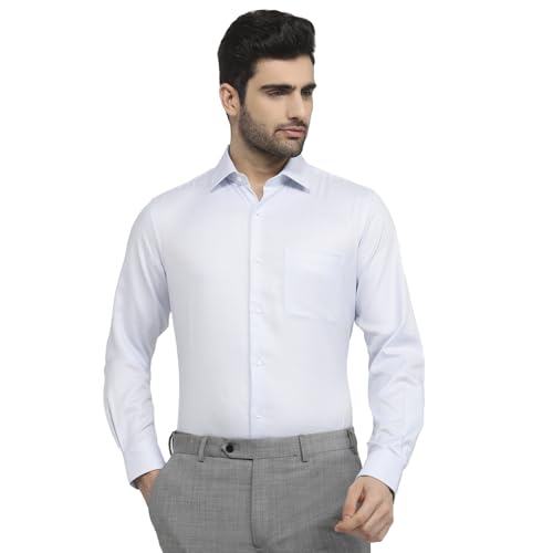 Raymond Men Contemporary Fit Structure Pattern Pure Cotton Semicutaway Collar Full Sleeve Apple Cut Formal Shirt Light Blue