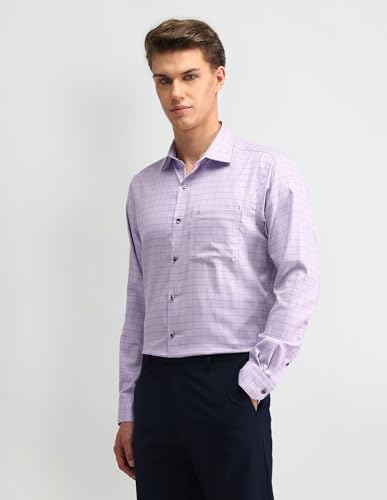 Arrow Men's Purple Checkered Spread Collar Collared Neck Full Sleeve Formal Cotton Regular Fit Shirt (ARAISH0177_Purple_44)