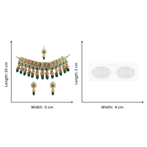 ACCESSHER Gold-Tone Green Stone Choker With Maangtikka And Earrings With a Pair of Transparent Earring & Maangtikka Supporter Patch | For Women & Girls