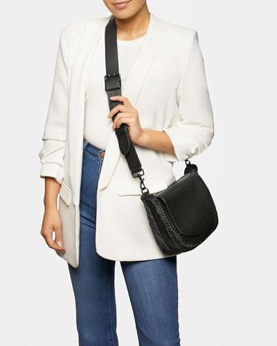Aimee Kestenberg All For Love Saddle Crossbody Bag for Women - Small Leather Crossbody Purse - Adjustable & Removable Strap, Black With Shiny Black, Small, All for Love Saddle Crossbody - Black With
