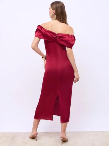 Styli Women Off-Shoulder Sheath Maxi Dress Wine