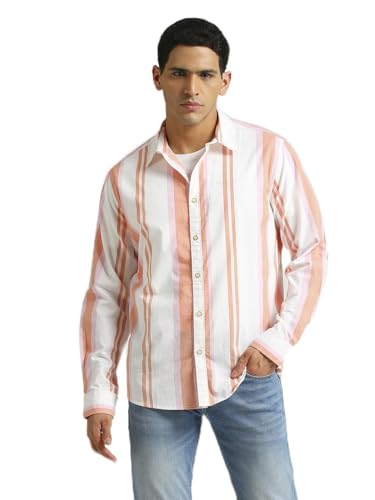 Pepe Jeans Men's Striped Regular Fit Shirt (Peach Orange) - SaumyasStore