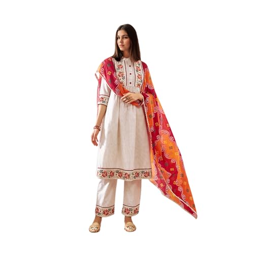 V4M Women's Cream Cotton Blend Floral Embroidered Anarkali Kurti & Plazzo Pant With Dupatta